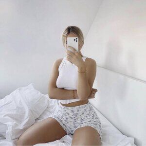 PLT Ruched Casual Lounge PJ Bike Shorts Ditsy Floral White 6 / Medium